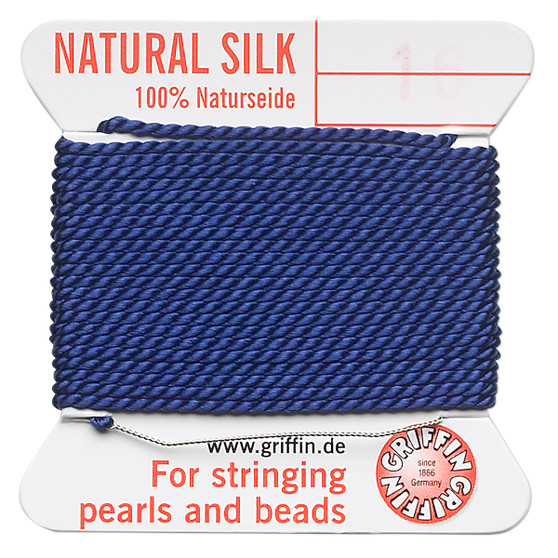 Griffin Thread, Silk 2-yard card with integrated flexible stainless steel needle Size 16 (1.05mm) Dark Blue