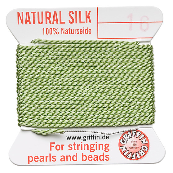 Griffin Thread, Silk 2-yard card with integrated flexible stainless steel needle Size 16 (1.05mm) Jade Green