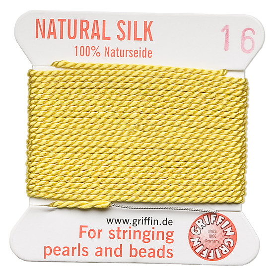 Griffin Thread, Silk 2-yard card with integrated flexible stainless steel needle Size 16 (1.05mm) Yellow