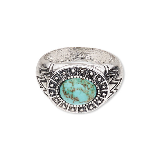 Ring, magnesite (dyed / stabilized) and antique silver-plated "pewter" (zinc-based alloy), turquoise blue, 18mm wide with oval, size US9. Sold individually