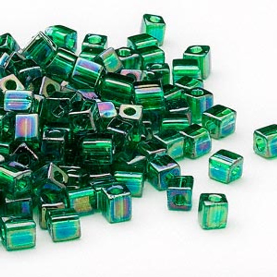 SB4-179 - Miyuki - 4mm - Transparent Rainbow Medium Green - 25gms - 4mm Square Glass Bead