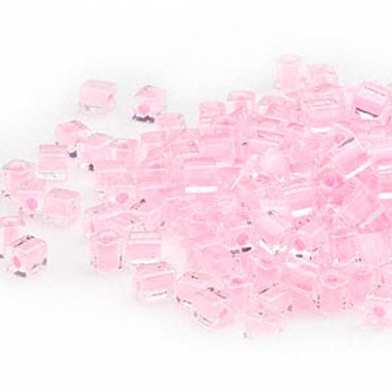 SB4-207 - Miyuki - 4mm - Clear Colour Lined Pink - 25gms - 4mm Square Glass Bead