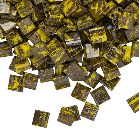 TL4519 - Miyuki Tila - Opaque Picasso Mustard - 10gms - Two Hole Square glass beads
