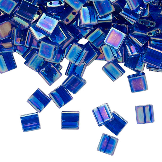 TL177 - Miyuki Tila - Transparent Rainbow Dark Cobalt - 40gms - Two Hole Square glass beads