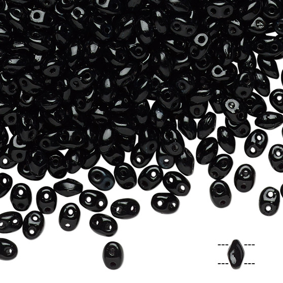 Bead, Preciosa Twin™, Pressed Superduo, Czech pressed glass, black, 5x2.5mm oval with 2 holes. Sold per 50-gram pkg.