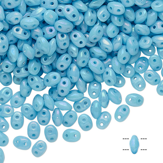 Bead, Preciosa Twin™, Pressed Superduo, Czech pressed glass, rainbow turquoise blue, 5x2.5mm oval with 2 holes. Sold per 50-gram pkg.