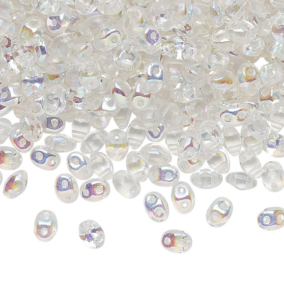 Bead, Preciosa Twin™, Pressed Superduo, Czech pressed glass, translucent clear AB, 5x2.5mm oval with 2 holes. Sold per 50-gram pkg.