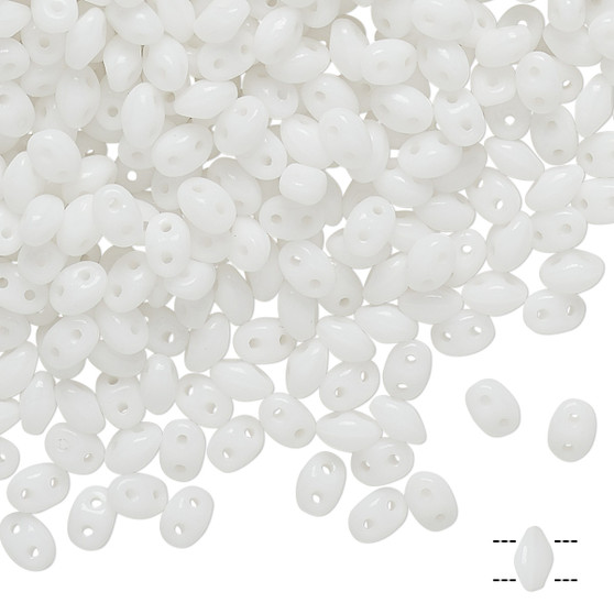 Bead, Preciosa Twin™, Pressed Superduo, Czech pressed glass, opaque white, 5x2.5mm oval with (2) 0.7-0.8mm holes. Sold per 250-gram pkg.
