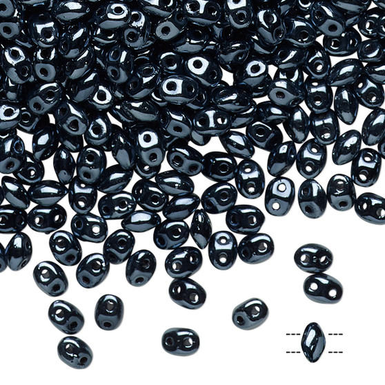 Bead, Preciosa Twin™, Pressed Superduo, Czech pressed glass, opaque shiny black, 5x2.5mm oval with (2) 0.7-0.8mm holes. Sold per 250-gram pkg.