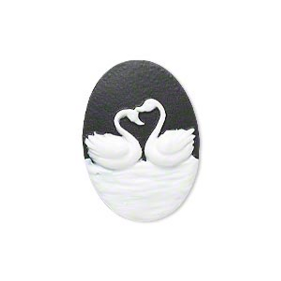 Cabochon, black & white, 25x18mm oval cameo with swans.