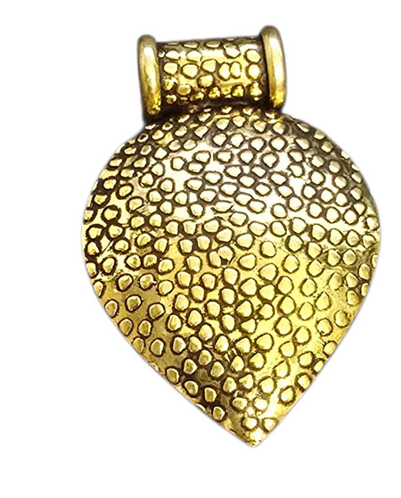 LAST STOCK: Base metal Pendant drop with circle impressions brass colour  45mm x 31mm,  with Bail - inner diameter 6mm