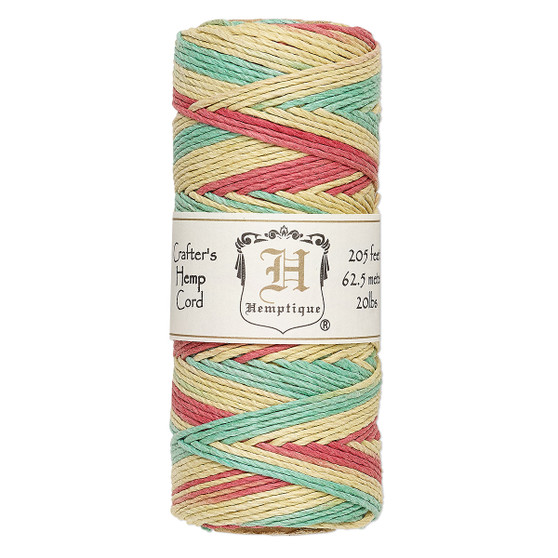 Cord, Hemptique®, polished variegated hemp, multi-coloured, 1mm diameter, 20-pound test. Sold per 205-foot spool.