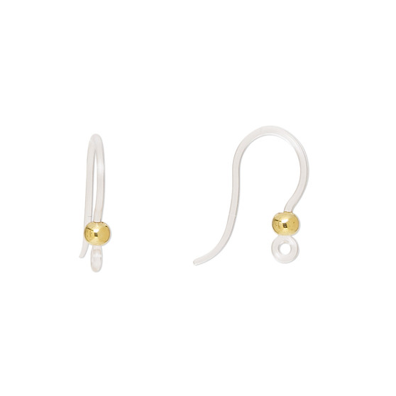 Ear wire, acrylic and stainless steel, clear and gold, 17mm fishhook with 3mm ball and closed loop, 20 gauge. Sold per pkg of 5 pairs.