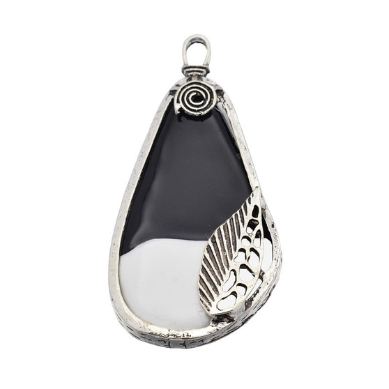 Tibetan Style Resin Pendant, Drop, Silver, Black & White, 85x42x10mm