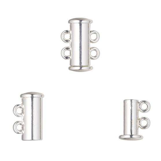 Clasp, 2-strand magnetic slide lock, silver-finished "pewter" (zinc-based alloy), 14.5x6.5mm tube. Sold per pkg of 2.