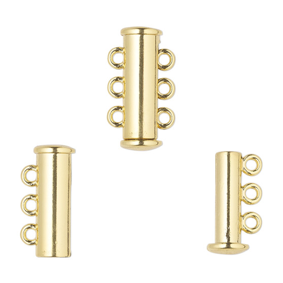 Clasp, 3-strand magnetic slide lock, gold-finished "pewter" (zinc-based alloy), 19x6.5mm tube. Sold per pkg of 2.