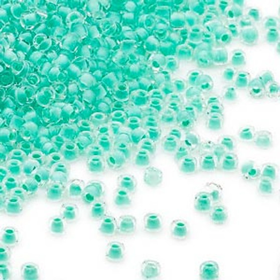 Seed bead, Dyna-Mites™, glass, transparent inside color teal green, #11 round. Sold per 40-gram pkg.
