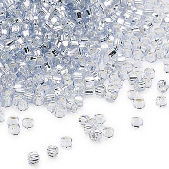 Seed bead, Dyna-Mites™, glass, silver-lined translucent pale blue, #11 round with square hole. Sold per 40-gram pkg.