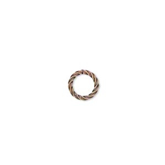 Jump ring, antique copper-plated brass, 8mm twisted round, 5.8mm inside diameter, 16 gauge. Sold per pkg of 100.