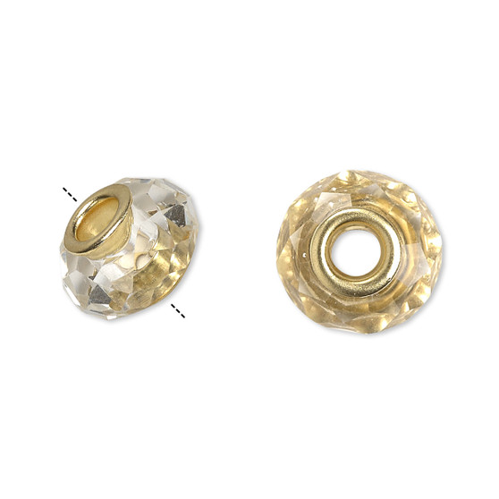 Bead, Dione®, Celestial Crystal® and gold-finished brass, 32-facet, clear, 13x9mm-14x10mm faceted rondelle. Sold per pkg of 10.