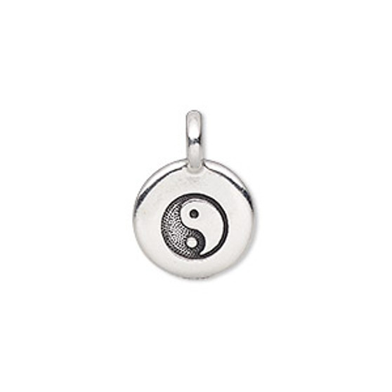 Charm, TierraCast®, antique silver-plated pewter (tin-based alloy), 11.5mm single-sided round with yin-yang. Sold per pkg of 2.