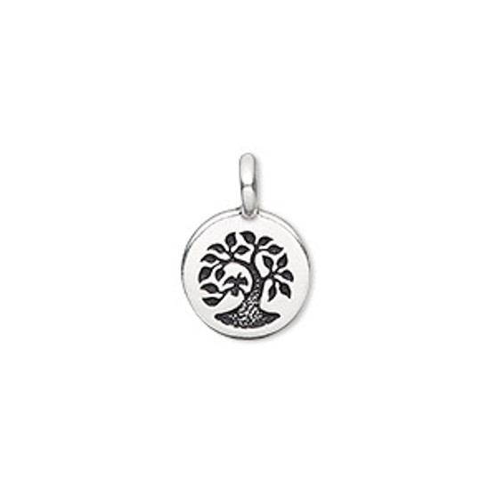 Drop, TierraCast®, antique silver-plated pewter (tin-based alloy), 12mm single-sided flat round with textured tree. Sold per pkg of 2.