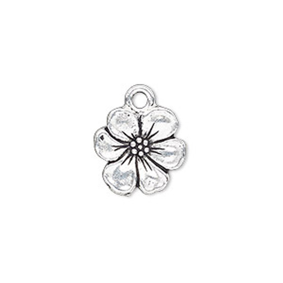 Charm, TierraCast®, antique silver-plated pewter (tin-based alloy), 14mm double-sided flower. Sold per pkg of 2.