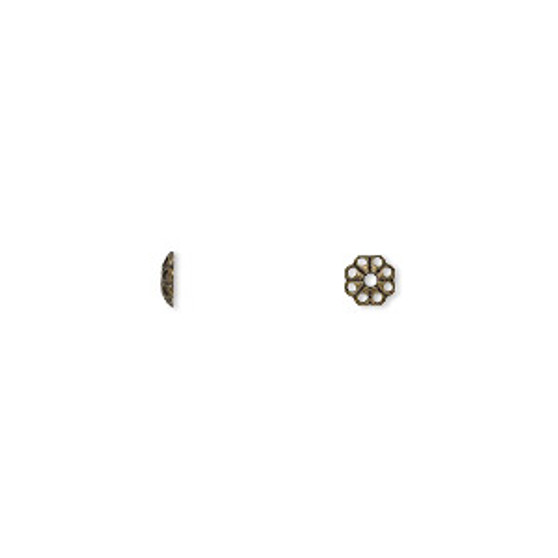 Bead cap, antique gold-plated brass, stamped, 4x1mm fancy round with cutout pattern, fits 4-6mm bead. Sold per pkg of 100.