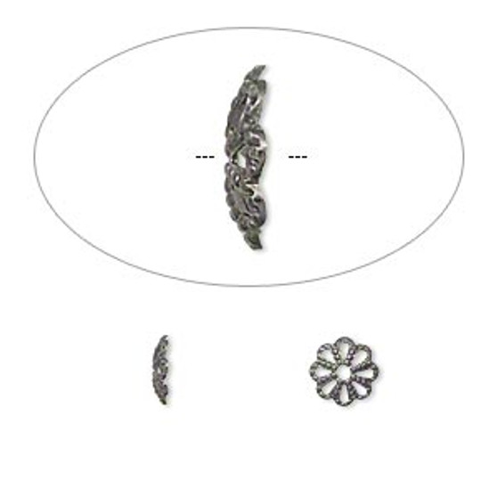 Bead cap, gunmetal-plated brass, stamped, 6x1mm fancy round with cutout pattern, fits 6-8mm bead. Sold per pkg of 100.