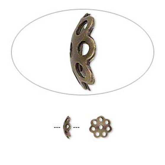 Bead cap, antique gold-plated brass, stamped, 6x2mm round with cutout pattern, fits 6-8mm bead. Sold per pkg of 100.