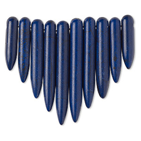 Focal, magnesite (dyed / stabilized), lapis blue, 20x5mm-39x5mm graduated spike fan, B grade, Mohs hardness 3-1/2 to 4. Sold per 10-piece set.