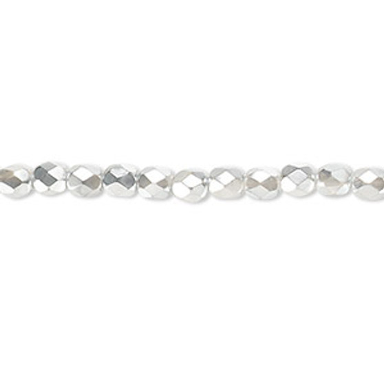 4mm - Czech - Clear with Half Coat Metallic Silver - Strand (approx 100 beads) - Faceted Round Fire Polished Glass