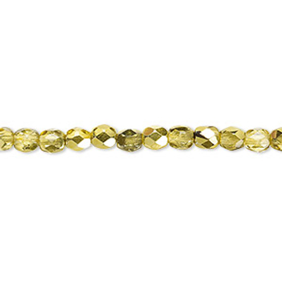 4mm - Czech - Clear with Half Coat Metallic Yellow Gold - Strand (approx 100 beads) - Faceted Round Fire Polished Glass