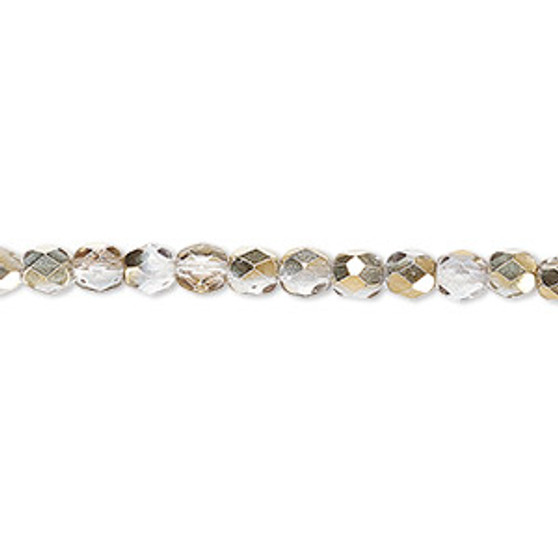 4mm - Czech - Clear with Half Coat Metallic Gold - Strand (approx 100 beads) - Faceted Round Fire Polished Glass