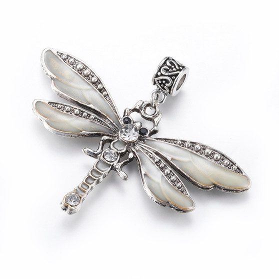 Alloy Pendant, with Rhinestone and Enamel, Dragonfly, Antique Silver, 58mm, Hole: 5mm