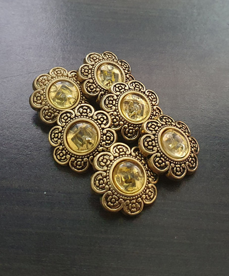 Acrylic Button Clasp (shank Button) -Gold & Yellow Flower - 6pk - 20mm diameter