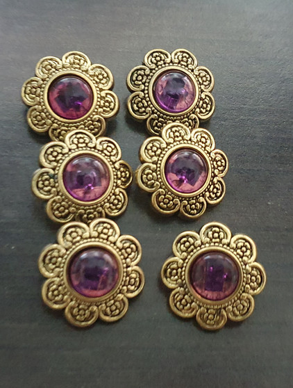 Acrylic Button Clasp (shank Button) - Gold & Amethyst Flower - 6pk - 20mm diameter