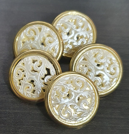 Acrylic Button Clasp (shank Button) - Gold & Pearl White Filigree - 5pk - 20mm diameter