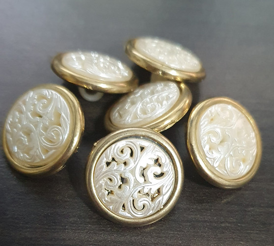 Acrylic Button Clasp (shank Button) - Gold & Pearl White Filigree - 6pk - 15mm diameter