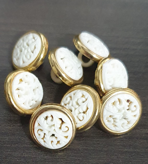 Acrylic Button Clasp (shank Button) - Gold & White Filigree - 8pk - 13mm diameter