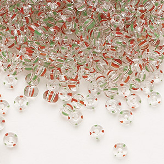 Seed bead, Preciosa Ornela, glass, transparent red / green / clear, #6 rocaille. Sold per 50-gram pkg.