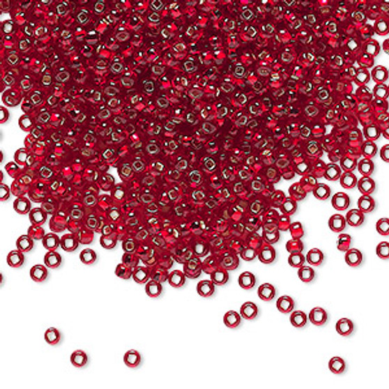 Seed bead, Preciosa Ornela, Czech glass, transparent silver-lined ruby (97090), #11 rocaille with square hole. Sold per 50-gram pkg.