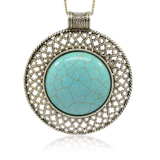 Antique Silver Alloy Gemstone Pendants, Flat Round Synthetic Turquoise Pendants, 71x61x9mm, Hole: 6mm