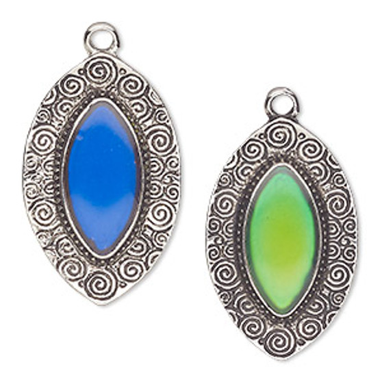 Focal, acrylic and antique imitation rhodium-plated "pewter" (zinc-based alloy), 34x22mm marquise with color-changing "mood" cabochon. Sold per pkg of 2.