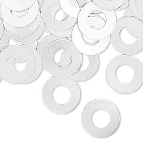 Washer, anodized aluminum, silver, 13mm double-sided flat round blank with 6mm hole, 20 gauge. Sold per pkg of 100.