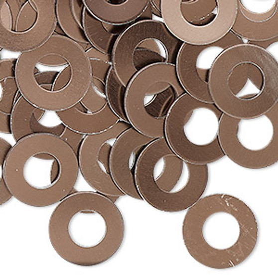 Washer, anodized aluminum, brown, 13mm double-sided flat round blank with 6mm hole, 20 gauge. Sold per pkg of 100.