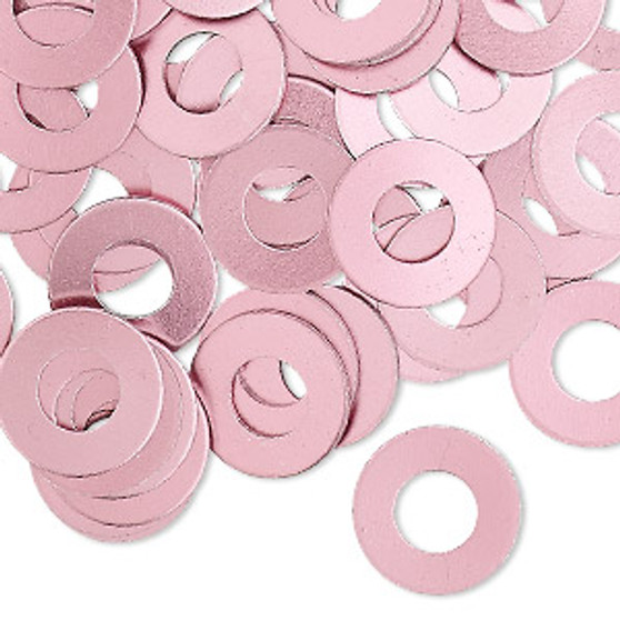 Washer, anodized aluminum, pink, 13mm double-sided flat round blank with 6mm hole, 20 gauge. Sold per pkg of 100.
