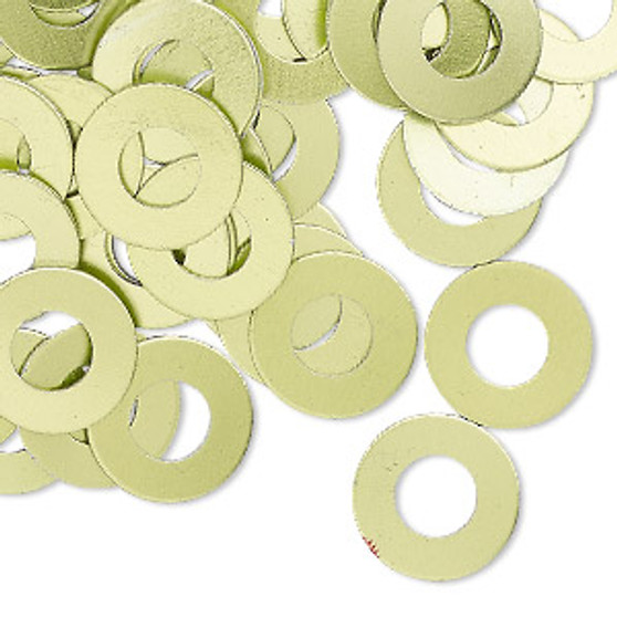 Washer, anodized aluminum, green, 13mm double-sided flat round blank with 6mm hole, 20 gauge. Sold per pkg of 100.