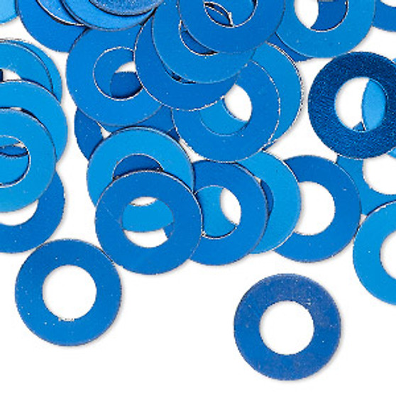 Washer, anodized aluminum, blue, 13mm double-sided flat round blank with 6mm hole, 20 gauge. Sold per pkg of 100.