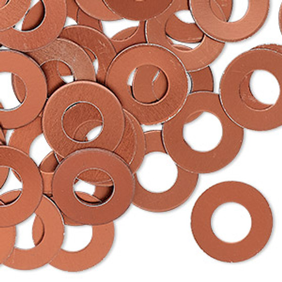 Washer, anodized aluminum, orange copper, 13mm double-sided flat round blank with 6mm hole, 20 gauge. Sold per pkg of 100.